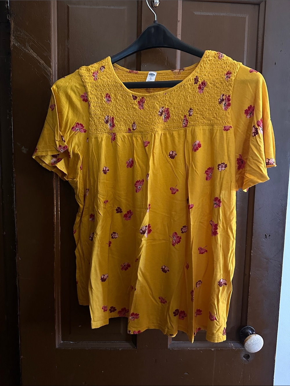 Old Navy Mustard Yellow Floral Smocked Yoke Short Sleeve Tunic